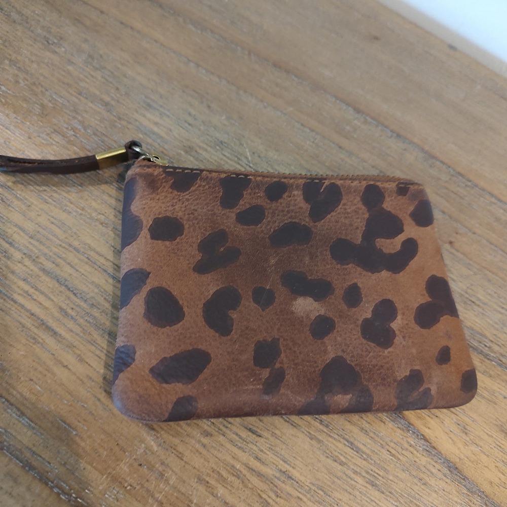 Madewell Leather Pouch Cheetah Print Brown Zipper Credit Card Cotton Lining